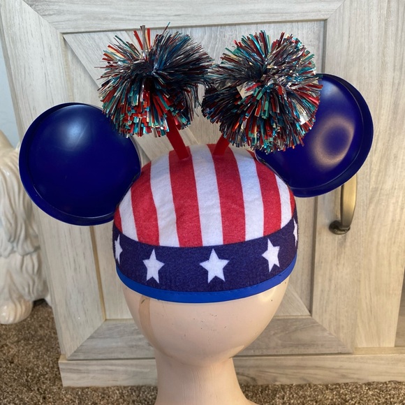 Disney Mickey Mouse Red White & Blue Ears Pom Poms Elastic Strap 4th of July - Picture 7 of 10